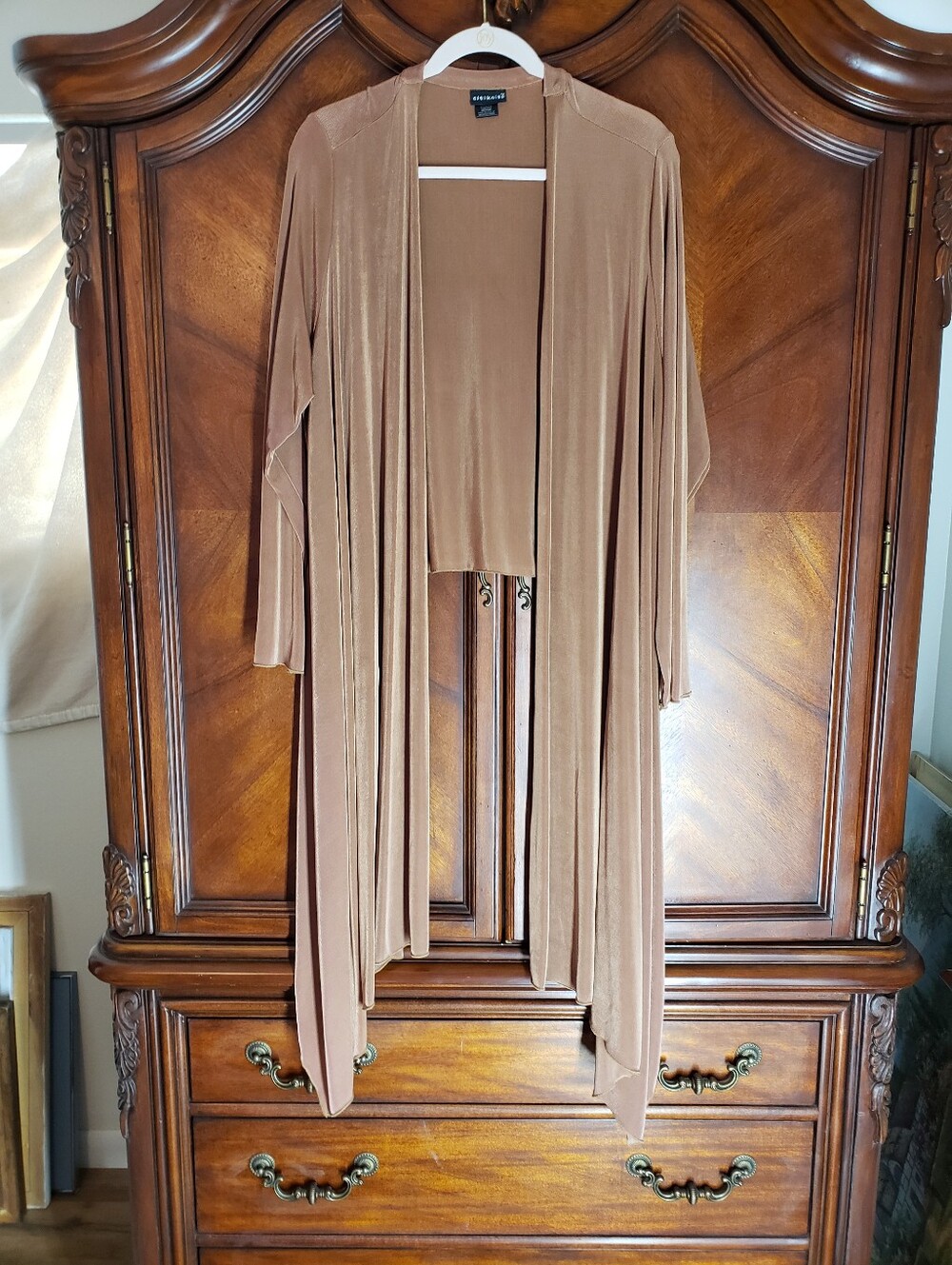 Citiknits Tan Open Front Waterfall Duster Cardigan Asymmetric
